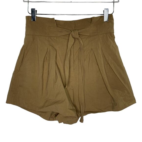 ALC 2 Womens Tan High Waist Tie Front Linen Blend Short Pleated - Picture 1 of 9